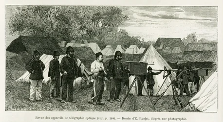 Überprüfung der optischen Telegrafie-Apparate. Gravur von E.Ronjat zur Illustration der Geschichte Trente mois au Tonkin