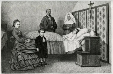 Die Konsultation des Arztes im Logelbach-Hospiz. Gravur von E. Ronjat, zur Illustration der Geschichte „Durch Elsass und Lothringen“, 1884, von Charles Grad (1842-1890), deutscher Abgeordneter, Schriftsteller und Naturforscher. Veröffentlicht in Le Tour du