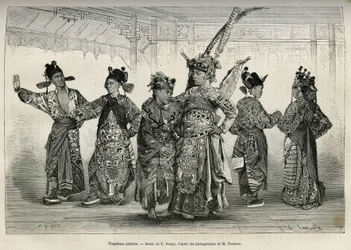Tragödienschauspieler eines Pekinger Theaters, spezialisiert auf historische und mythologische Dramen. Gravur nach der Zeichnung von E. Ronjat, zur Illustration der Reise nach Peking und Nordchina, von T. Choutze, 1873, veröffentlicht in „Le tour du monde“