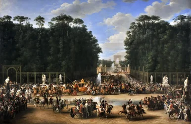 Der Hochzeitszug von Napoleon I. und Marie-Louise überquert den Jardin des Tuileries am 2. April