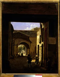 Der Hof eines Fuhrhauses in der Rue Saint Denis, bekannt als Hof Sainte Catherine, Szene im 1. Arrondissement von Paris