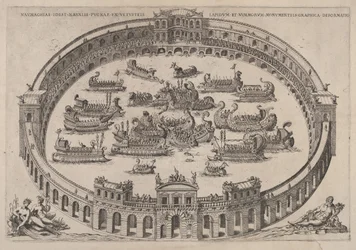 Seeschlacht in einem römischen Arena, mit dem Fluss Tiber und Nymphen unten links..., 1577-85
