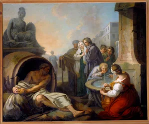 Diogenes zerbricht seine Schale. Diogenes von Sinope, genannt der Kyniker (413-327 v. Chr.), griechischer Philosoph, gibt seine Schale auf, nachdem er gesehen hat, wie ein Kind am Brunnen Wasser aus seinen Händen trinkt. Gemälde von Étienne Jeaurat