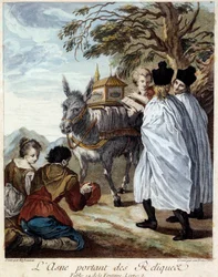 Der Esel trägt Reliquien. Illustration zur Fabel von Jean de La Fontaine. Gemälde von Etienne Jeaurat (1699-1789)