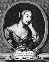 Medallion-Porträt von Marie-Madeleine Pioche de La Vergne, Comtesse de La Fayette (1634-1693), französische Schriftstellerin, Gravur von Etienne Jehandier Desrochers (1668-1741)