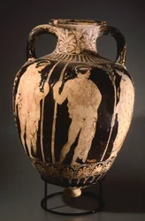 Amphore mit Spitze vom Maler von Perugia. Rotfigurige Keramik aus Perugia (Umbrien). Etruskische Zivilisation, 4. Jahrhundert v. Chr.