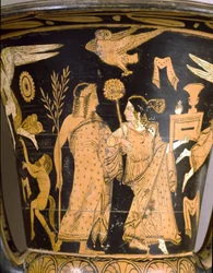 Etruskische Antike: Glockenkrater mit Darstellung der Zerstörung Trojas: Detail mit Dionysos und Ariadne. Aus Falerii Veteres (Civita Castellana). 350-300 v. Chr. Rom, Museo Nazionale di Villa Giulia