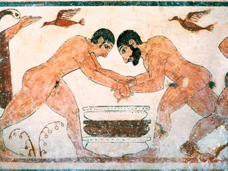 Etruskische Kunst: Athleten dargestellt im Grab der Auguren in der Nekropole von Monterozzi Tarquinia, nahe Viterbo, Italien. Fresko aus dem 6. Jahrhundert v. Chr.