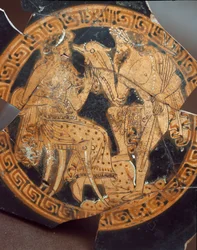 Etruskische Antike: Detail einer Kylix mit der Darstellung von Poseidon und Amphitrite. Aus Falerii Veteres (Civita Castellana), 6. Jahrhundert v. Chr. Rom, Museo Nazionale di Villa Giulia