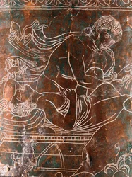Etruskische Kunst: Detail der bronzenen Ficoroni-Cista mit der Legende der Argonauten: das Schiff Argo. Aus Praeneste (Palestrina). 340 v. Chr. Museo Nazionale di Villa Giulia, Rom
