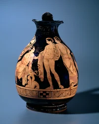 Etruskische Zivilisation: Terrakotta-Oinochoe dekoriert von der Werkstatt des Malers von Alcesti, die einen jungen Mann zeigt, der mit zwei anderen stehenden Personen spricht, 360-340 v. Chr. aus Tarquinia, Italien