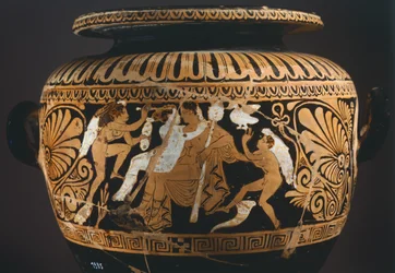 Stamnos (Flüssigkeitsspeichergefäß), Detail mit Dionysos und Ariadne. Rotfigurige Keramik aus Porano (Umbrien). Etruskische Zivilisation, 4. Jahrhundert v. Chr.