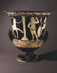 Krater von dem London-Maler. Rotfigurige Keramik aus Gualdo Tadino (Umbrien). Etruskische Zivilisation, 4. Jahrhundert v. Chr.