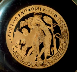 Etruskische Zivilisation: Detail eines Kylix, der Ariadne und Dionysos darstellt. Aus der Nekropole Falerii Veteres. Rom, Villa Giulia