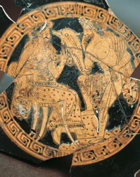 Rotfigurige Keramik, Innendekoration eines Kraters, der Poseidon und Amphitrite darstellt, etruskische Zivilisation