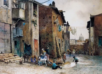 Mittelalterliche Häuser in der Via della Lungaretta in Rom, von Ettore Roesler Franz (1845-1907), Aquarell, Italien