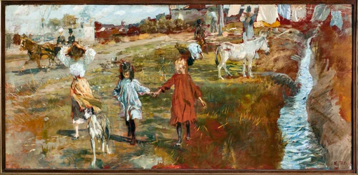 Landschaft mit Kindern und Hund, ein Esel am Fluss