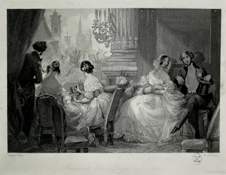 Innenraum der Pariser Oper, Menschen in einer Loge, Gravur von Eugene-Louis Lami
