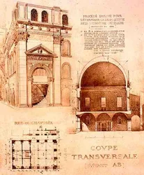 Plan, Querschnitt und Aufriss der Loggia oder Palazzo del Commune, Brescia, Italien, aus 