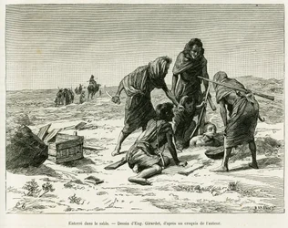 Begraben im Sand. Gravur von Eugene Girardet zur Illustration der Geschichte „Fünf Monate bei den nomadischen Mauren der westlichen Sahara“ von Camille Douls, veröffentlicht in Le Tour du monde 1888