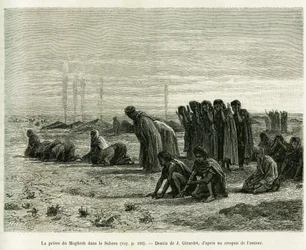 Das Moghreb-Gebet in der Sahara. Gravur von J.Girardet zur Illustration der Geschichte Cinq mois chez les moures nomades du Sahara occidental
