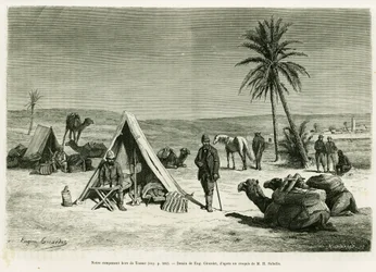 Lager der Reisenden in der Nähe von Tozeur. Gravur von Eugene Girardet zur Illustration der Geschichte „Reise nach Tunesien“ von R. Cagnat und H. Saladin, in Le Tour du monde 1886, herausgegeben von Edouard Charton (1807-1890), Hachette, Paris.