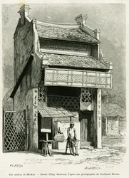 Ein Affenhaus. Gravur von Eugene Burnand zur Illustration der Geschichte Sur les frontières du Tonkin von Dr. P. Neiss, in Le Tour du monde 1888, herausgegeben von Edouard Charton (1807-1890), Hachette, Paris.