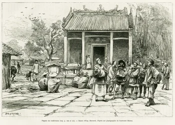 Konferenzpagode, Monkay. Gravur von Eugene Burnand, zur Illustration der Geschichte Sur les frontières du Tonkin, von Doktor P. Neiss, in Le tour du monde 1888, herausgegeben von Edouard Charton (1807-1890), Hachette, Paris.