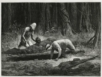 Dr. Harmand und sein annamitischer Helfer, bei der Durchführung geheimer Exhumierungen von Khas-Begräbnissen in Attopeu (Laos), Gravur von Eugene Burnand, zur Illustration der Geschichte von Laos und den wilden Bevölkerungen Indochinas von Dr. Harmand, 187