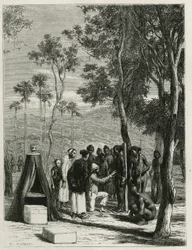 Dr. Harmand führt anthropologische Messungen an den einheimischen Khas in Attopeu (Laos) durch, Gravur von Eugene Burnand, zur Illustration der Geschichte von Laos und den wilden Bevölkerungen Indochinas von Dr. Harmand, 1877, veröffentlicht in der Tour du