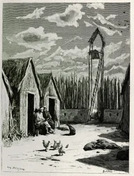 Missionarsplatz in Meuong Ngan. Gravur von Eugene Burnand zur Illustration der Geschichte „Reise in Oberlaos“, 1880, von Dr. P. Neis. Veröffentlicht in Le Tour du monde, nouveau journal des voyages, 2. Halbjahr 1885, herausgegeben von Edouard Charton (1807