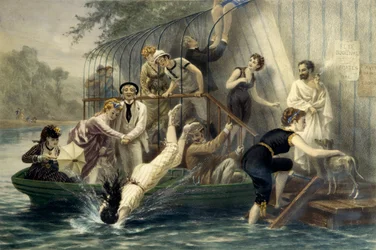 Ah! Der schöne Kopf, ein Sonntag am Wasser. Frau taucht im Badeanzug ins Wasser im 19. Jahrhundert unter dem Gelächter von Matrosen. Eine Frau im Boot schützt sich mit ihrem Regenschirm. Gravur von Eugene Guerard (1821-1866)