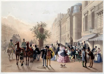Boulevard des Italiens, Café Tortoni in Paris im 19. Jahrhundert. Gravur von Eugene Guerard