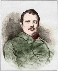 Porträt von Honoré Balzac im Jahr 1830 (1799 - 1850), französischer Schriftsteller. Gravur von Eugene Chiquet.
