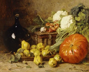 Ein Stillleben mit einem Weinkrug, einem Korb, Birnen, Zwiebeln, Blumenkohl, Kohl, Knoblauch und einem Kürbis