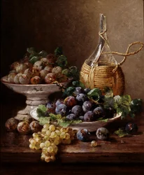Stillleben mit Trauben, Pflaumen und Wein
