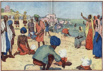 Woche des zivilen Ungehorsams in Indien gegen das Britische Empire: Am Strand von Bombay kochen Gandhi (1869-1948) und seine Anhänger Meerwasser, um Salz zu gewinnen, und verstoßen damit gegen das Gabelle-Gesetz. Frauen ermutigen sie, indem sie diesen Refr