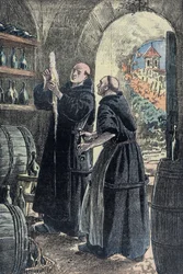 Dom Pierre Pérignon (1639-1715), Benediktinermönch, Erfinder des Verfahrens zur Herstellung von Champagner. Illustration von Damblans.