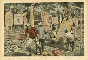Illustration von Eugene Damblans (1865-1945) in Le Pelerin, 03/09/05 - Die Japaner machen gigantische Ansprüche für die Produkte ihrer Industrie entlang der Eisenbahnlinien mit Plakaten verschiedener Formen - Werbung, Japan, Eisenbahn Zug, Plakate