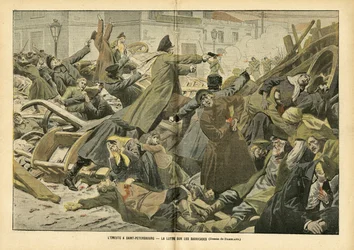 Illustration von Eugene Damblans (1865-1945) in Le Pelerin, 05/02/05 - Der Aufstand in Sankt Petersburg. Der Kampf auf den Barrikaden - Russland, Tote, Barrikaden, Aufstände, Sankt Petersburg, Revolution von 1905 - Arbeiter