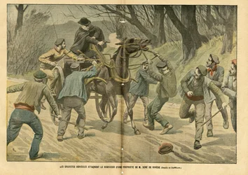 Illustration von Eugene Damblans (1865-1945) in Le Pelerin, 31/01/04 - Landwirtschaftliche Streikende greifen den Verwalter eines Anwesens von M. Sere de Riviere an