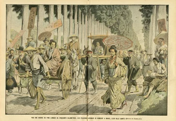 Illustration von Eugene Damblans (1865-1945) in Le Pelerin, 09/04/05 - Auf einer fünfzig Kilometer langen Allee von Kiefern gehen japanische Pilger nach Nikko, ihrer heiligen Stadt - Religion Glaube, Japan, Mode, Baum, Nikko - Pilgerreisen