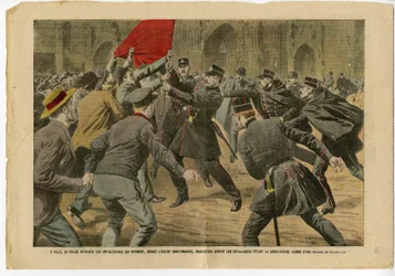 Illustration von Eugene Damblans in Le Pelerin, 23/05/09 - In Lille vertreiben die Polizisten die Antiklerikalen, die vor der Kirche Saint-Maurice gegen die Katholiken protestieren, die die selige Jeanne d