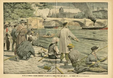 Illustration von Eugene Damblans (1865-1945) in Le Pelerin, 23/06/05 - Im Sommer bevölkern viele Pariser die Ufer der Seine und werfen ihre Angel aus und... fangen nichts - Freizeit, Paris, Angeln, Brücke, Seine (Fluss), Sommer, Hausboot, Angelrute
