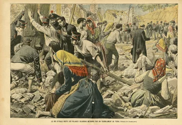 Illustration von Eugene Damblans (1865-1945) in Le Pelerin, 24/09/05 - Der König von Italien besucht die von einem Erdbeben zerstörten kalabrischen Dörfer - Verschiedene Fakten, Italien, Architektur Urbanismus, Zerstörung von Gebäuden, Naturkatastrophe, Er