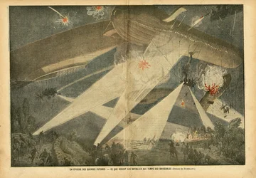 Illustration von Eugene Damblans (1865-1945) in Le Pelerin, 24/11/07 - Eine Episode zukünftiger Kriege - Wie werden die Schlachten zur Zeit der Luftschiffe sein - Krieg, Ballons Luftschiffe Zeppeline Aerostation, Nacht, Kämpfen