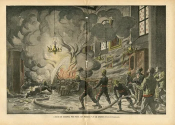 Illustration von Eugene Damblans (1865-1945) in Le Pelerin, 26/06/04 - Die Kirche von Suresnes, nahe Paris, wird von den Apachen niedergebrannt - Verschiedene Fakten, Religion Glaube, Unsicherheit, Kathedrale Kirchen, Feuer, Suresnes, Katholizismus - Apach
