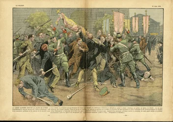 Illustration von Eugene Damblans (1865-1945) in Le Pelerin, 27/06/37 - Das Hakenkreuz gegen das Kreuz Christi im hitlerischen Deutschland - Deutschland Preußen, Religion Glaube, Menge, Kampf, Hakenkreuz, Christliches Kreuz, Katholizismus - Soldat