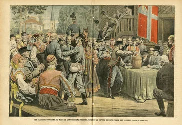 Illustration von Eugene Damblans (1865-1945) in Le Pelerin, 27/08/05 - Die norwegischen Wahlen, inmitten von Volksbegeisterung, ratifizieren die Auflösung des Unionspakts mit Schweden - Wahlen, Stadtarchitektur, Menge, Schweden, Norwegen - Urne