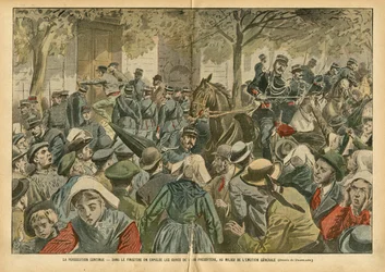 Illustration von Eugene Damblans (1865-1945) in Le Pelerin, 27/10/07 - Die Verfolgung geht weiter in Finistère, die Pfarrer werden aus ihrem Pfarrhaus vertrieben